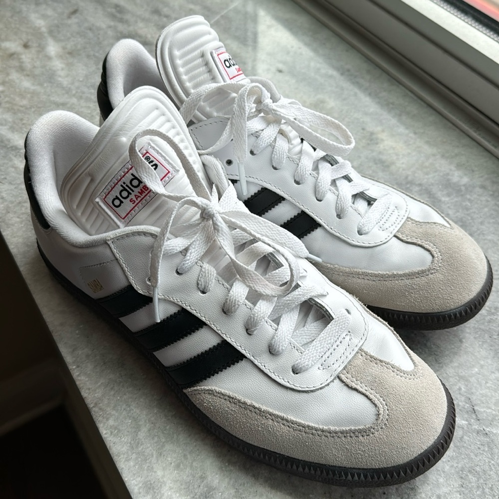 Adidas Sambas white leather men’s 8.5 or women’s 10 worn once.